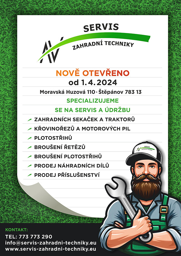 Servis a údržba zahradní techniky, zahradních sekaček, traktorů, křovinořezů, motorových pil a plotostřihů, broušení řetězů a plotostřihů, prodej náhradních dílů a příslušenství. Moravská Huzová 110, 783 13 Štěpánov, telefon +420 773 773 290.